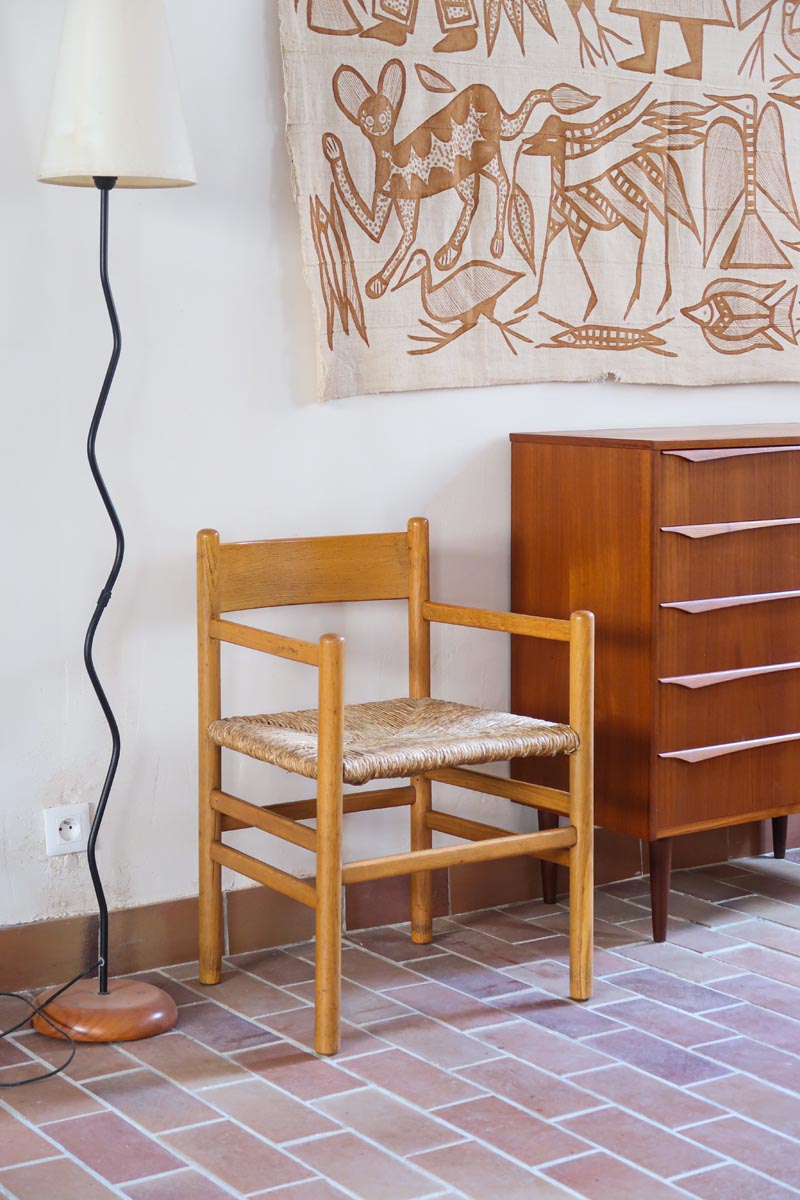 Fauteuil En Bois Et Paille – Design Français 1980, Naturel