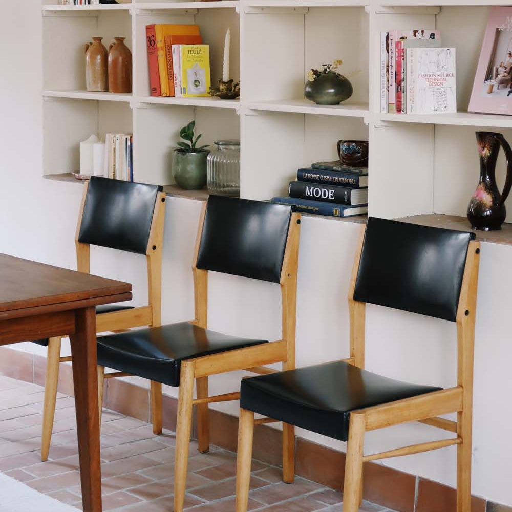3 chaises scandinave vintage danois skaï noir bois clair hêtre