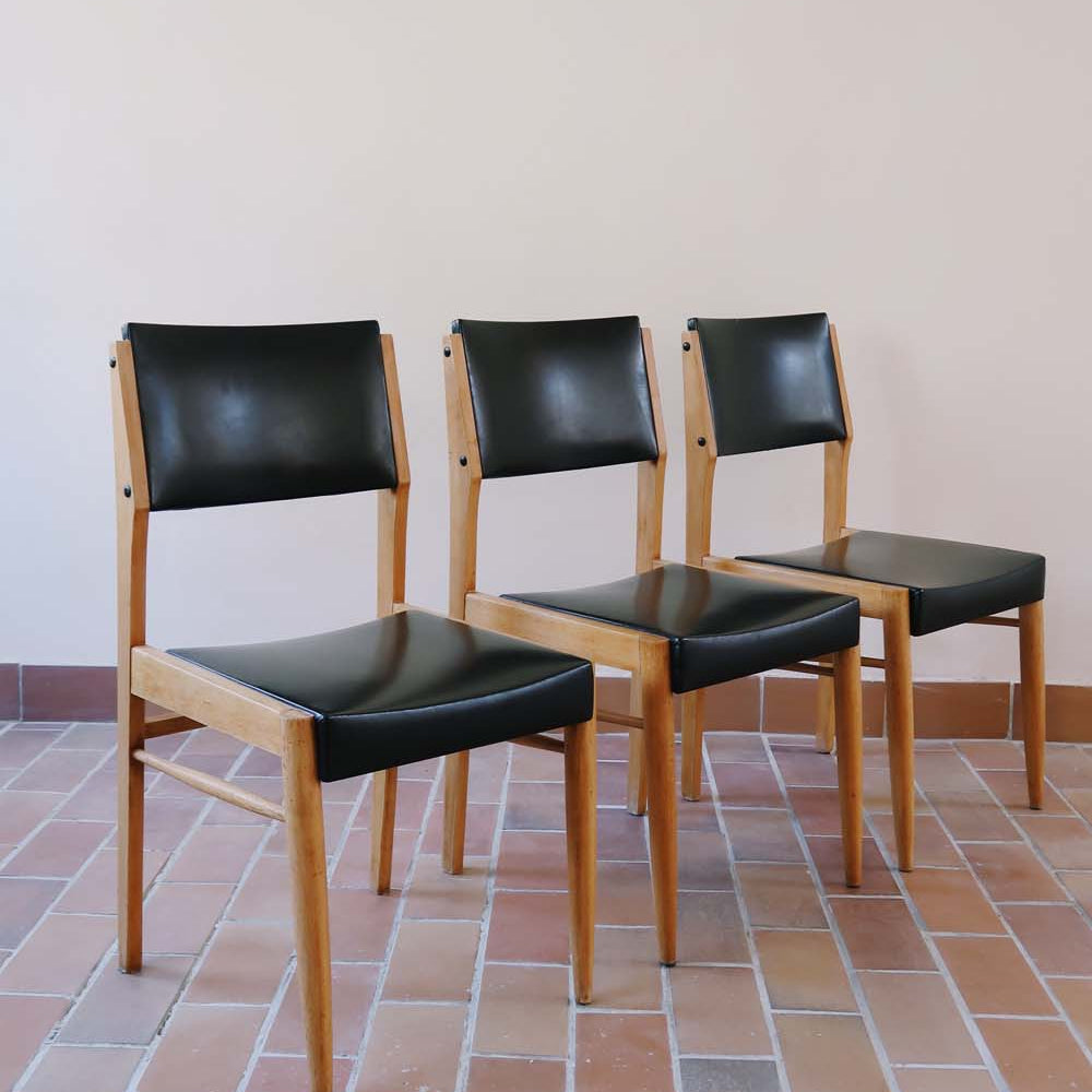 3 chaises scandinave vintage danois skaï noir bois clair hêtre