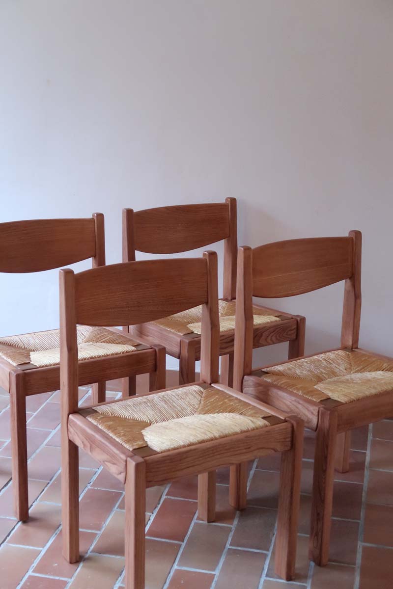 4 chaises charlotte perriand vintage brutaliste orme maison regain paillé ferme