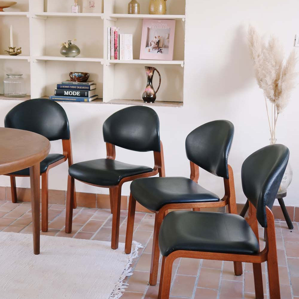 4 chaises fauteuil bureau skaï noir made in italy bois teck vintage