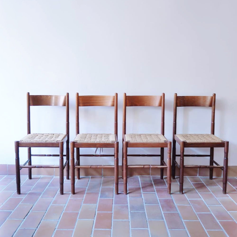 4 chaises paillées cannage cordé de ferme vintage bois bistrot 