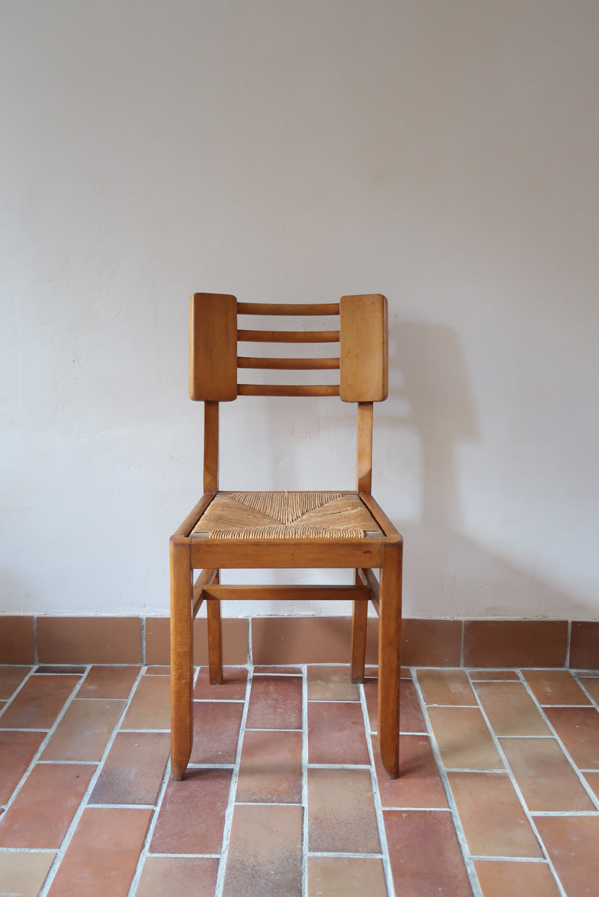 4 chaises pierre cruege vintage ferme rustique paille bois chêne hêtre années 50 bistrot 