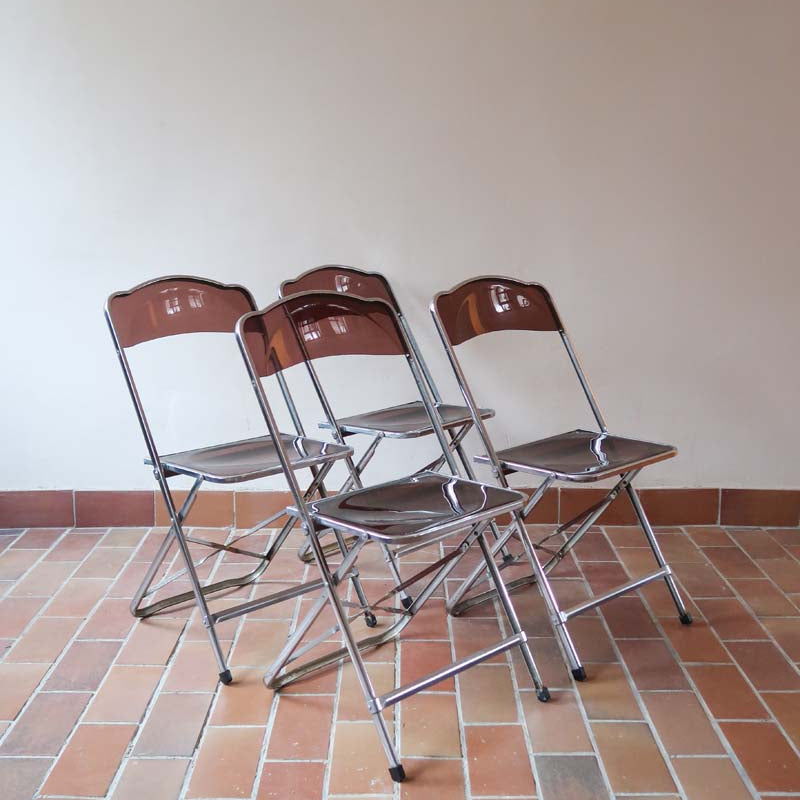 4 chaises pliante pliable plexiglas fumé chromé vintage Plia Giancarlo Piretti Anonima Castelli