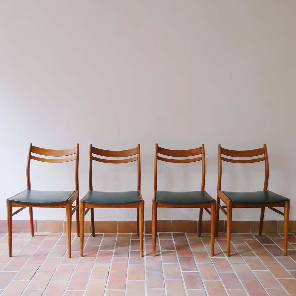 4 chaises scandinaves teck bois cuir skaï noir vintage