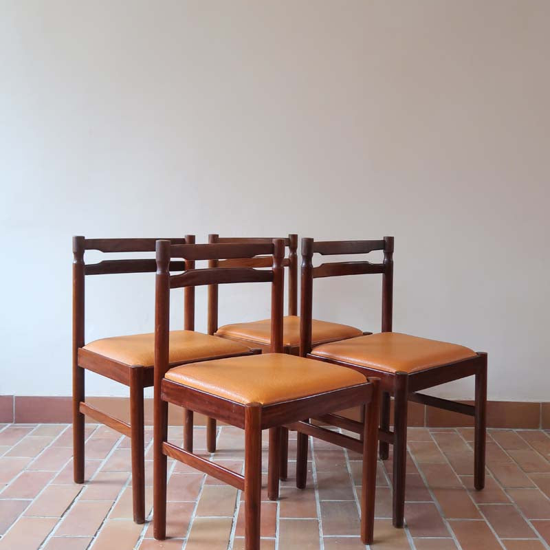 4 chaises teck skaï vintage années 70 orange