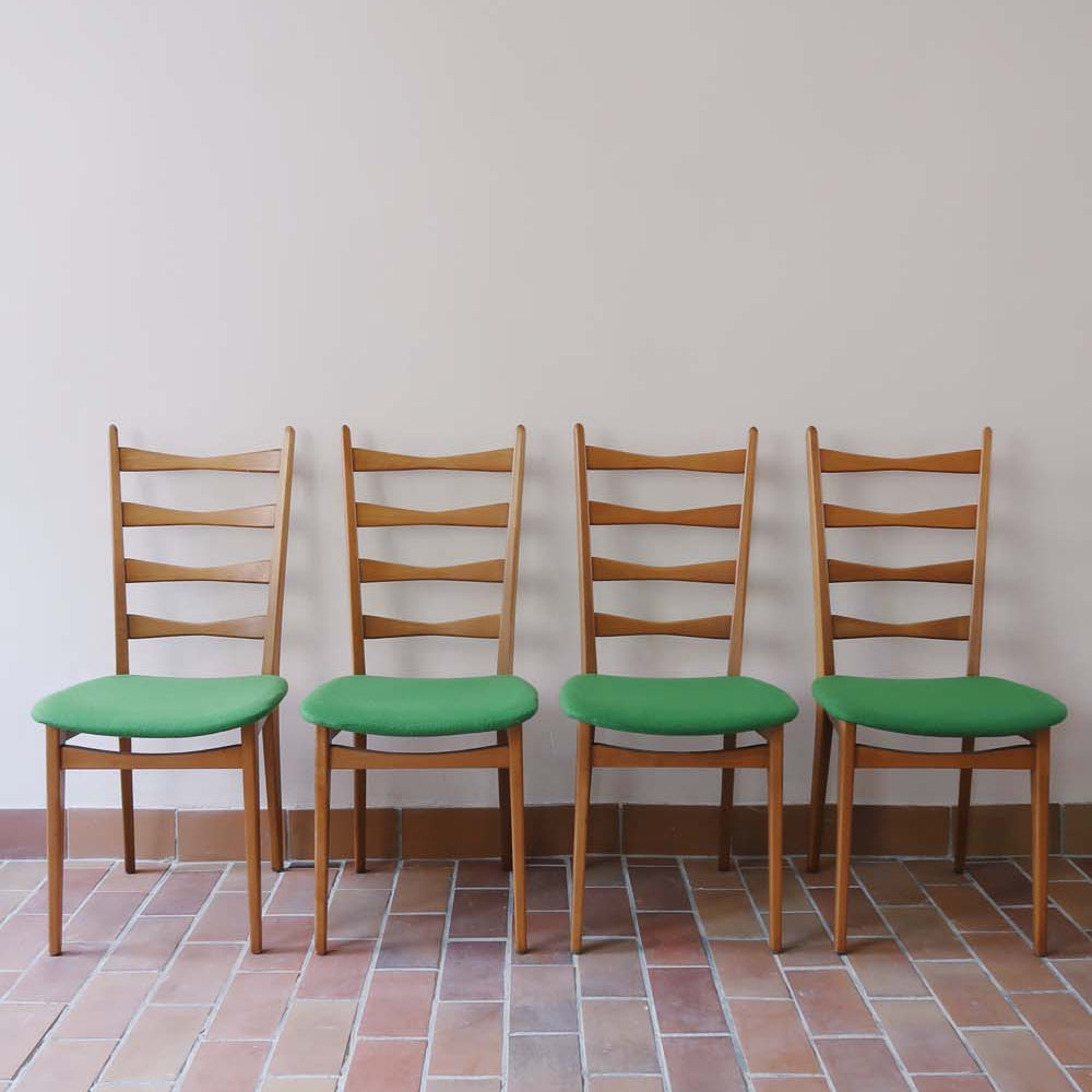 4 chaises vintage scandinave hêtre casala vert tissu pied compas danois