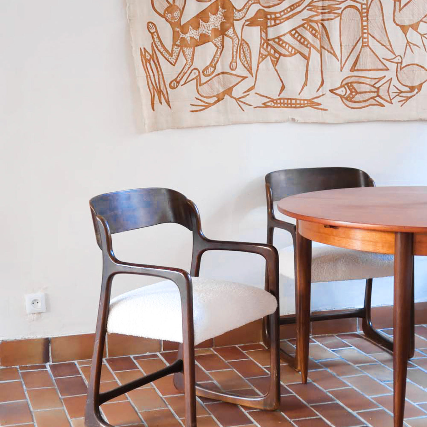4 fauteuil chaise baumann traineau bouclette creme blanc vintage scandinave foncé bois hêtre