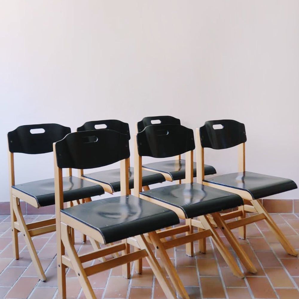 6 chaises bistrot école cantine koka baumann bois vintage noir