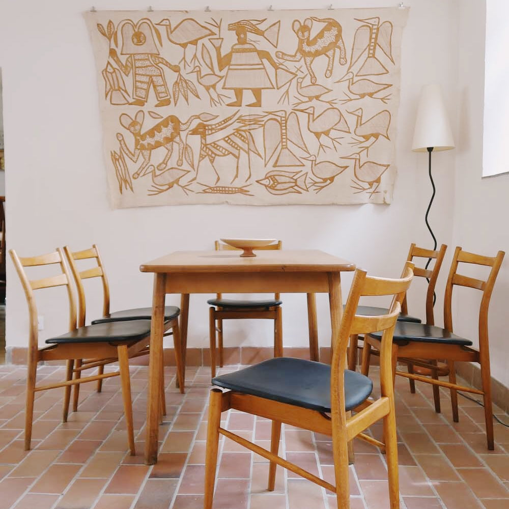 6 chaises scandinave danois vintage bois hêtre pied compas skaï cuir noir