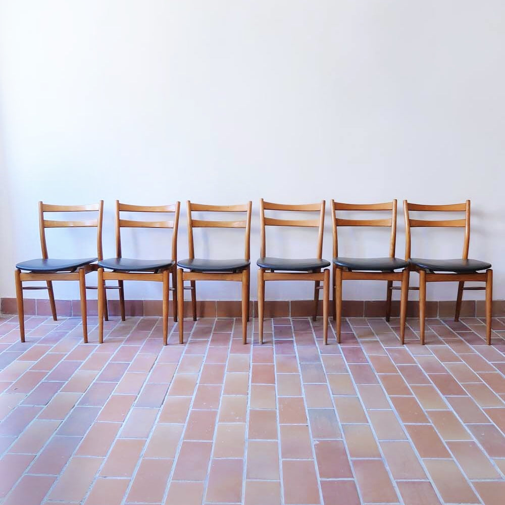 6 chaises scandinave danois vintage bois hêtre pied compas skaï cuir noir
