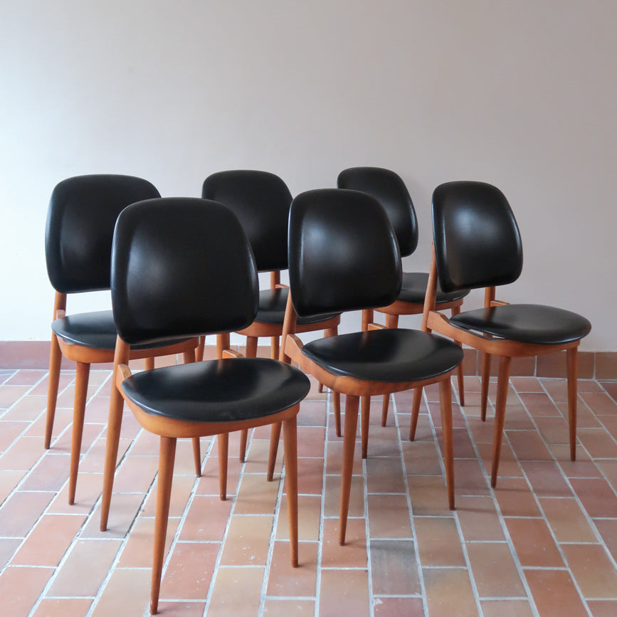 6 chaises vintage pégase baumann scandinave bois skaï noir pied fuselé pierre guariche