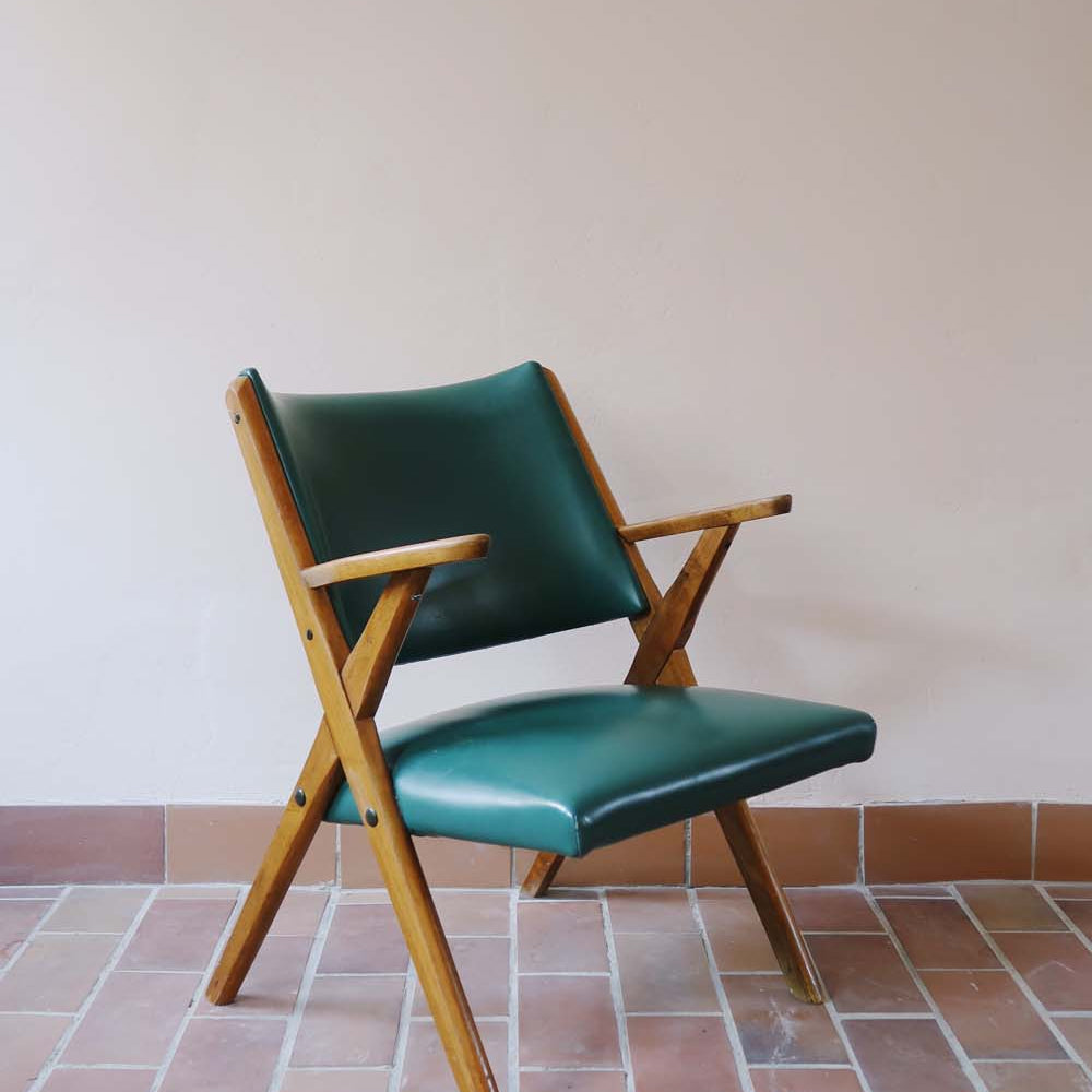 fauteuil scandinave vintage skaï cuir vert dal vera de true made in italy années 50