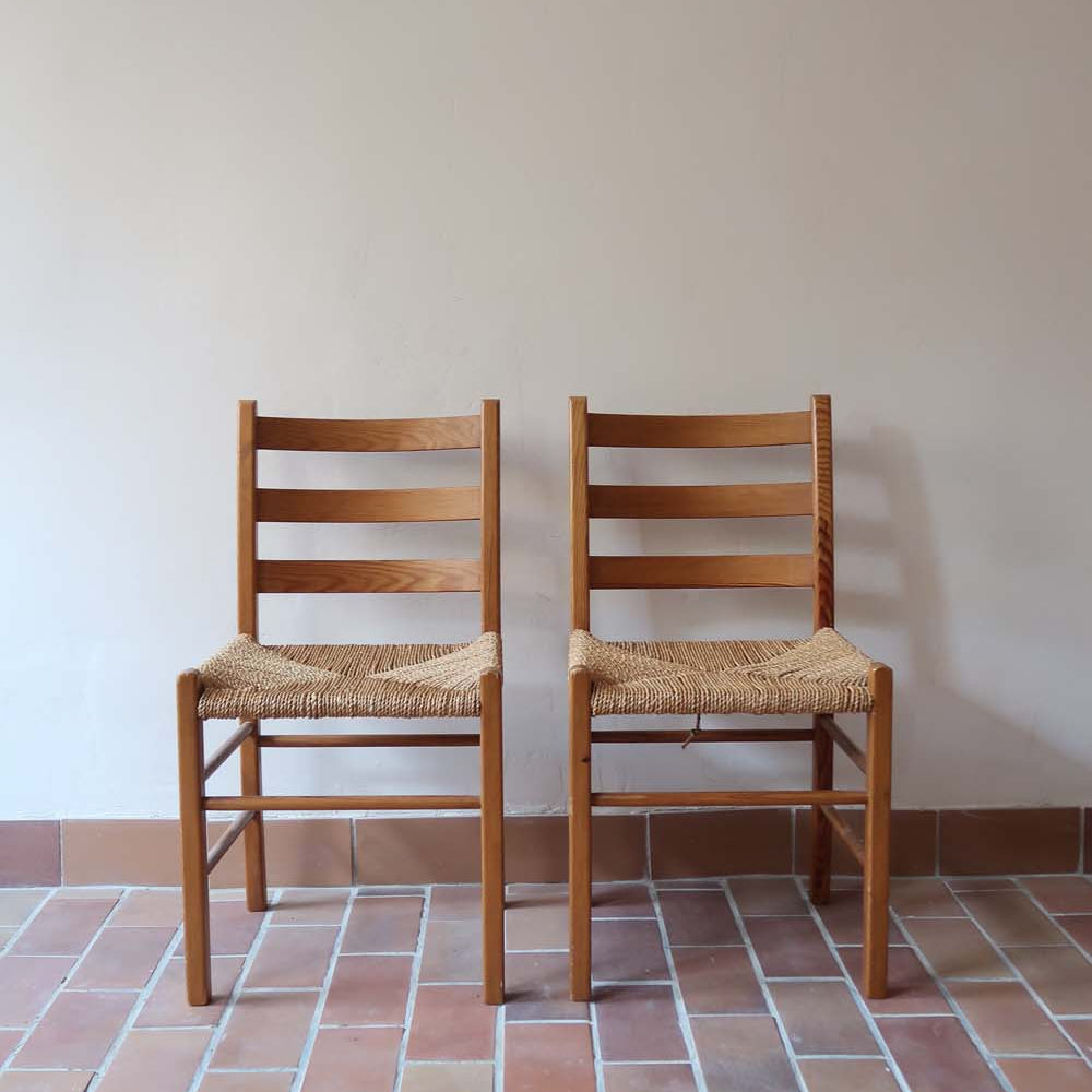 paire 2 chaises bois bistrot baumann corde cannage paille ferme vintage