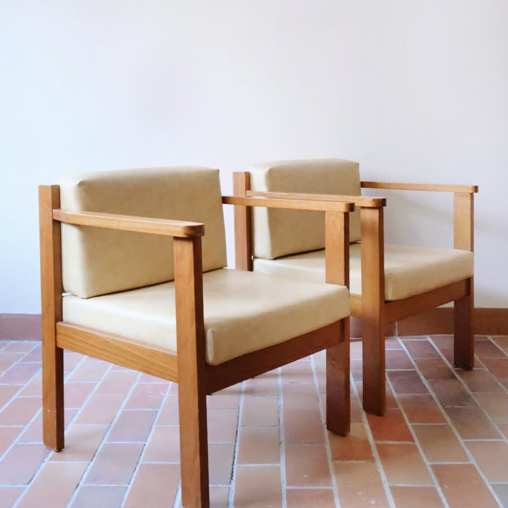 paire 2 chauffeuse fauteuil Jan den Drijver Wooninrichting De Stijl vintage orme jaune chêne bois