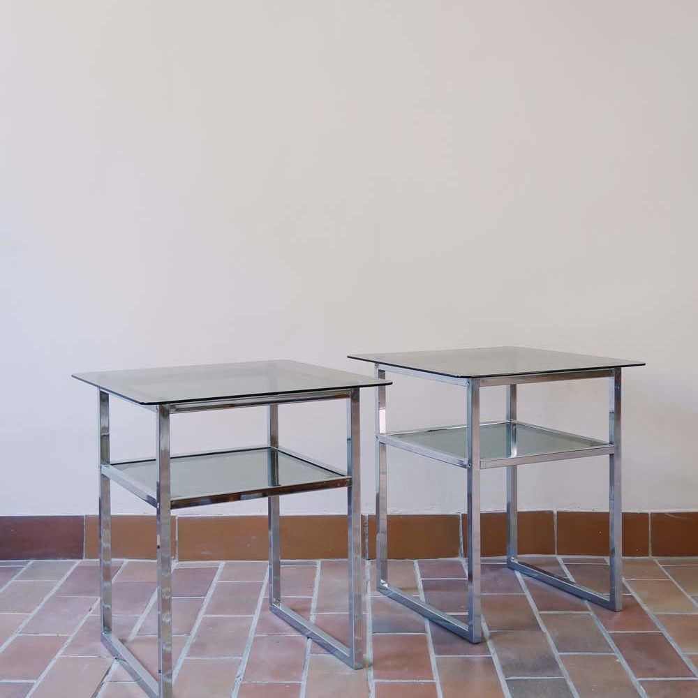 paire 2 table de chevet années 70 bout de canapé max sauze space age chrome verre fumé moderniste vintage