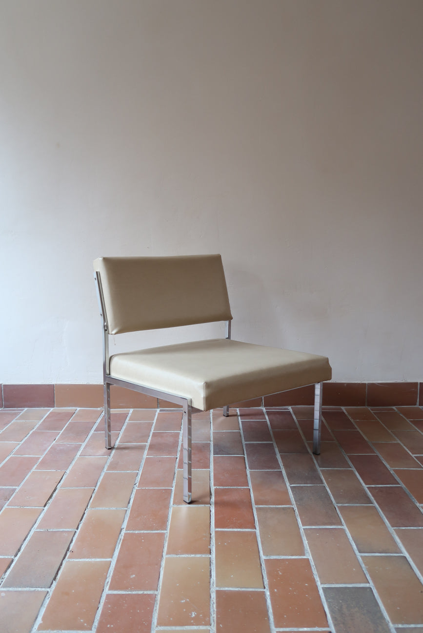 paire fauteuil chauffeuse florence knoll chrome skaï beige années 60 design moderniste scandinave
