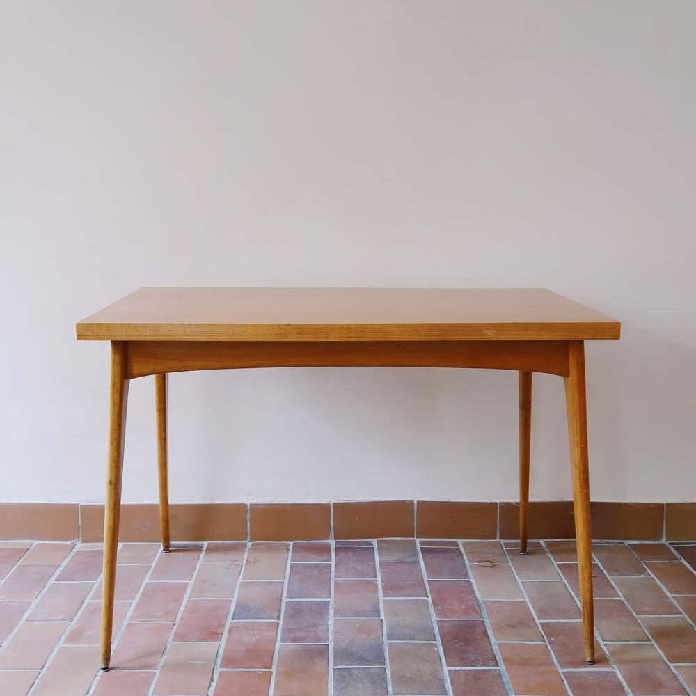 petite table à manger pieds compas scandinave vintage danois bois teck clair hêtre