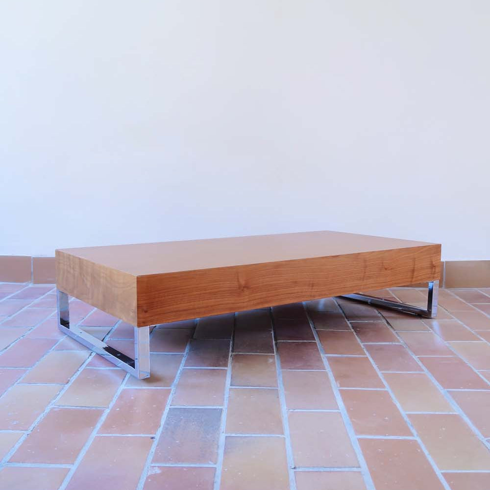 table basse scandinave danois moderniste vintage teck chrome métal pied pietement traineau