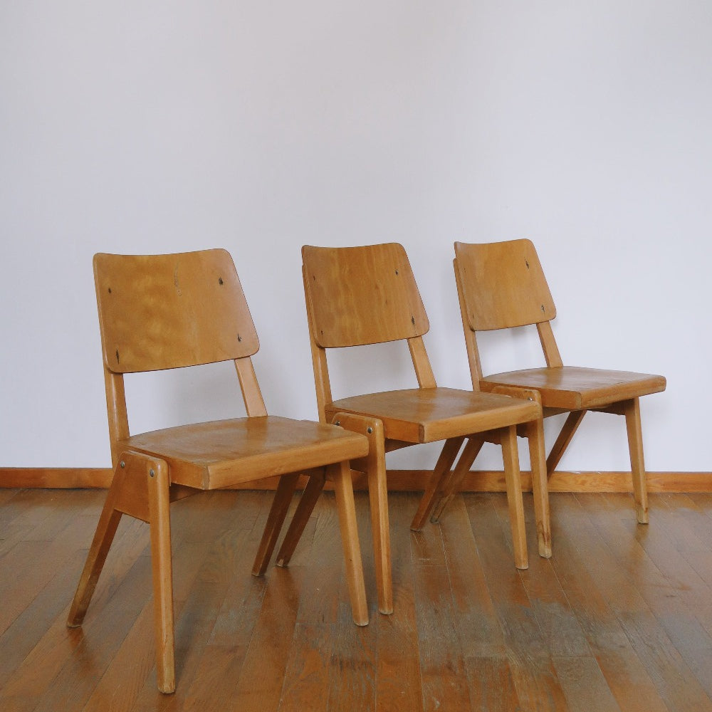 3 chaises bistrot hêtre vintage bois empilable scandinave pieds compas