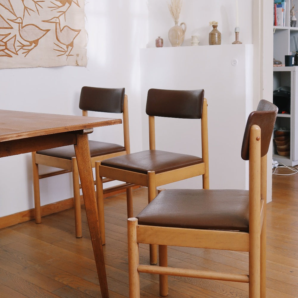 3 chaises bistrot skaï brun baumann made in france vintage scandinave