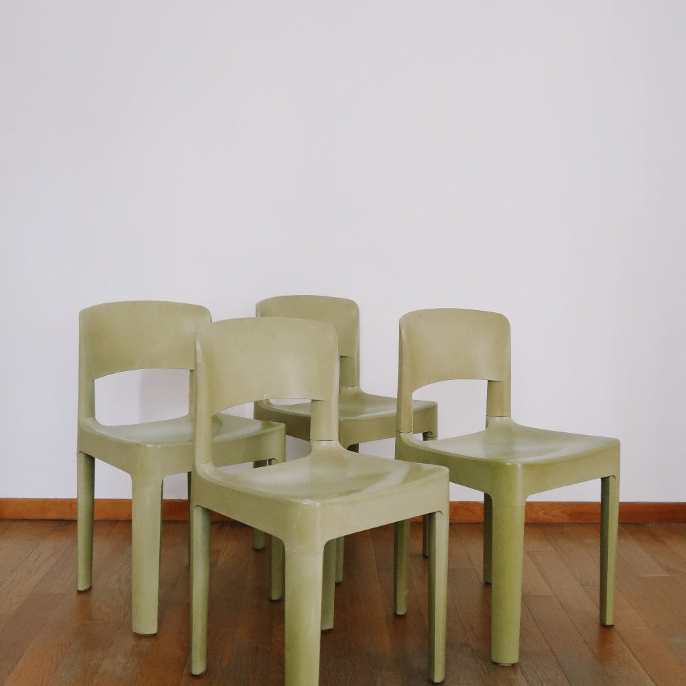 4 chaises années 70 plastique vert design contemporain vintage space age allibert france terasse post moderniste
