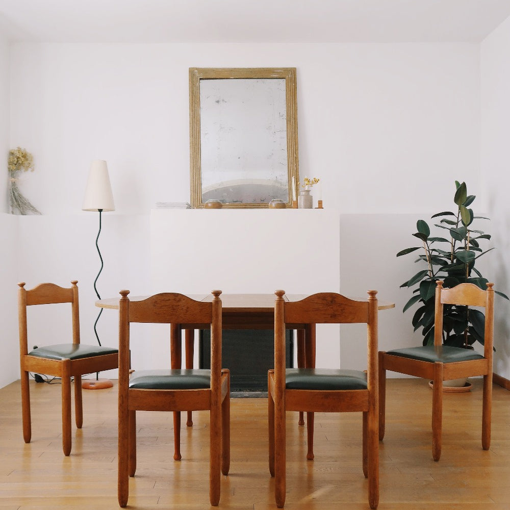 4 chaises bistrot baumann thonet bois vintage cuir skaï vert brutaliste charlotte perriand maison regain