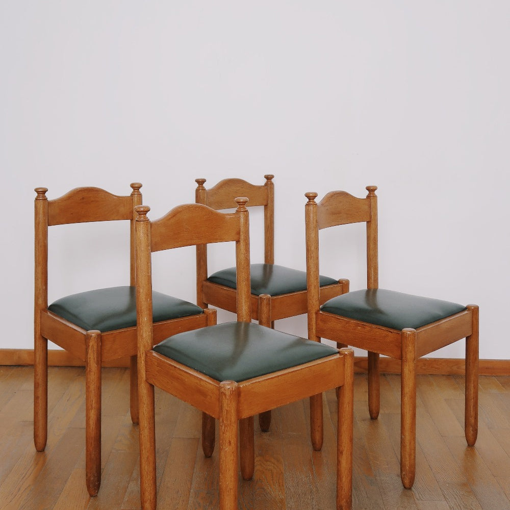 4 chaises bistrot baumann thonet bois vintage cuir skaï vert brutaliste charlotte perriand maison regain