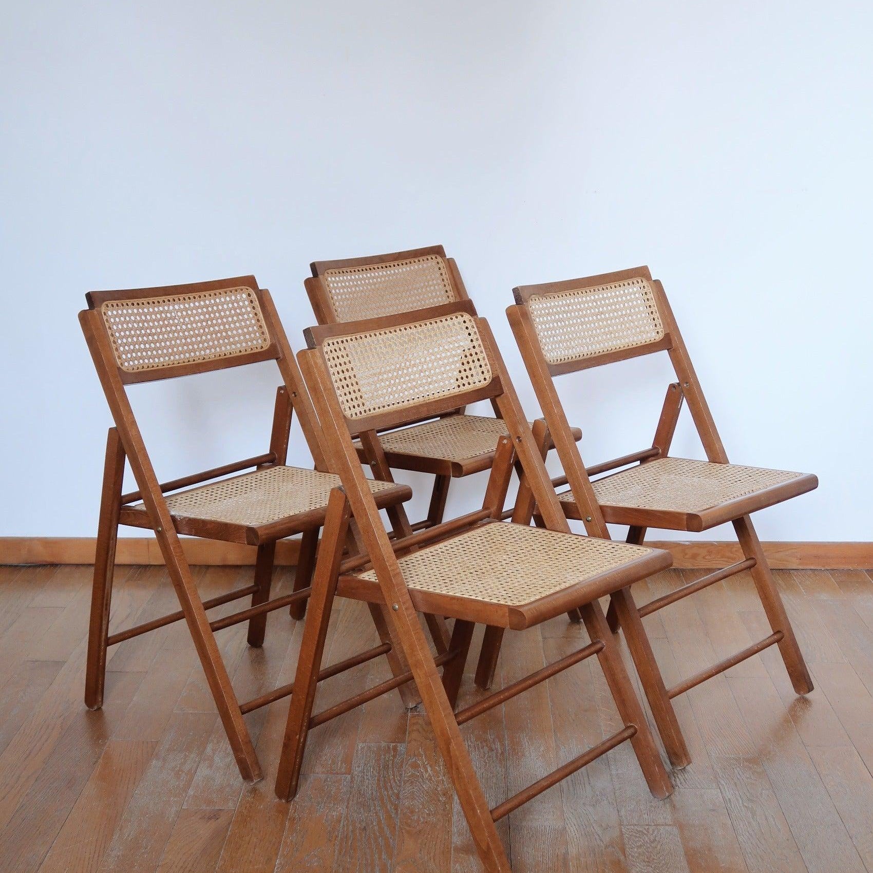 4 chaises pliantes pliables bois cannage cannées vintage années 60 teck rotin osier