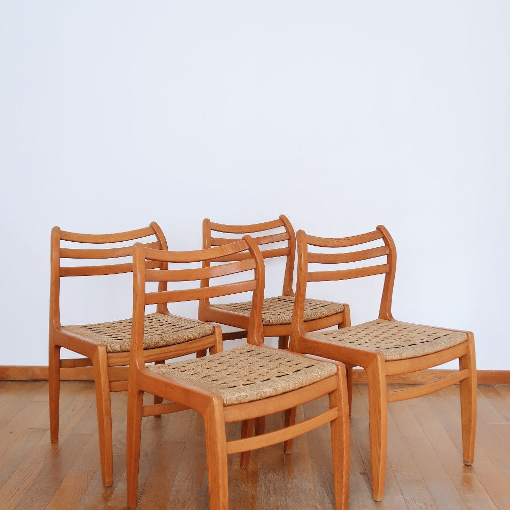 4 chaises scandinaves tréssé cordé cordage danois vintage pieds compas teck massif paille paillage niels otto moller