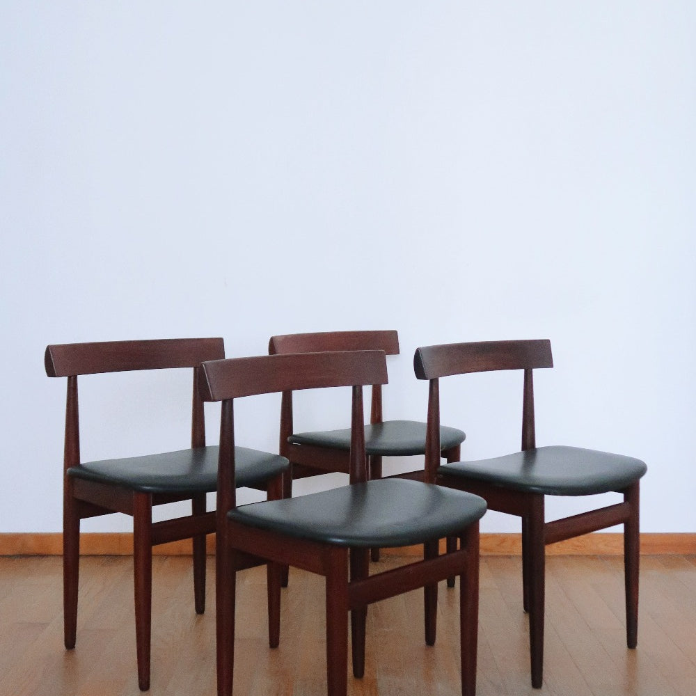 4 chaises teck skaï noir bois scandinave danois frem rojle hans olsen années 60 made in denmark