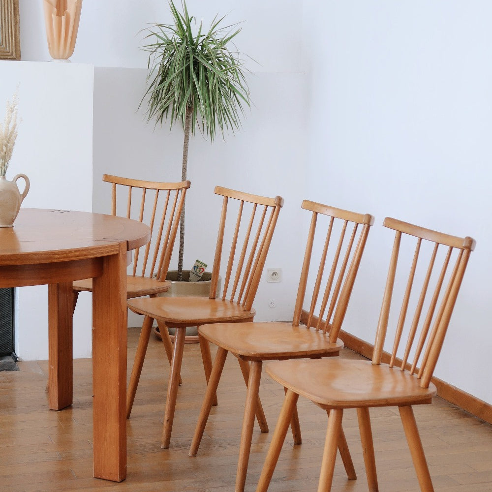 4 chaises vintage bois clair pin scandinave bistrot baumann pieds compas