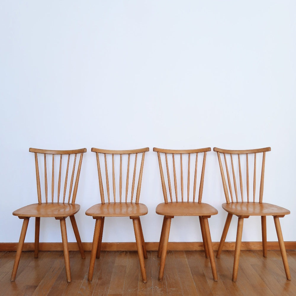 4 chaises vintage bois clair pin scandinave bistrot baumann pieds compas