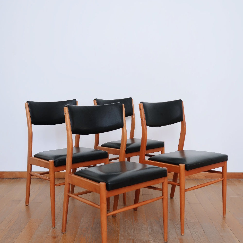 4 chaises vintage scandinave pieds compas fuselé bois teck bauamnn skaï cuir noir