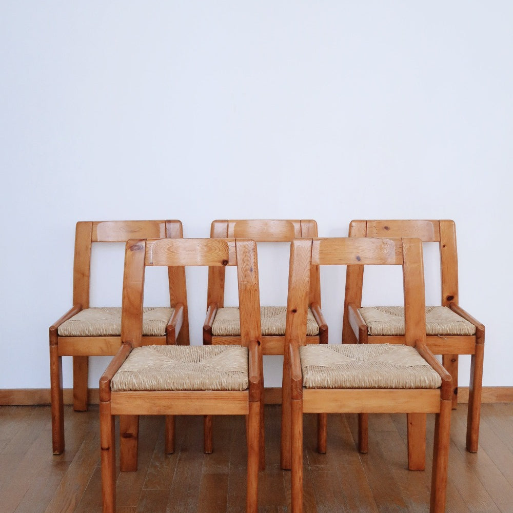 5 chaises charlotte perriand bois pin vintage brutaliste bistrot baumann campagne paillée paillage roche bobois pierre chapo