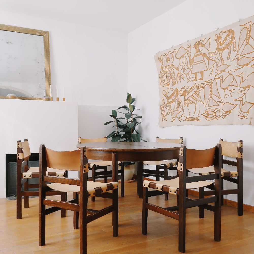 6 chaises Maison Regain Charlotte Perriand orme massif cuir beige bois brutaliste vintage design
