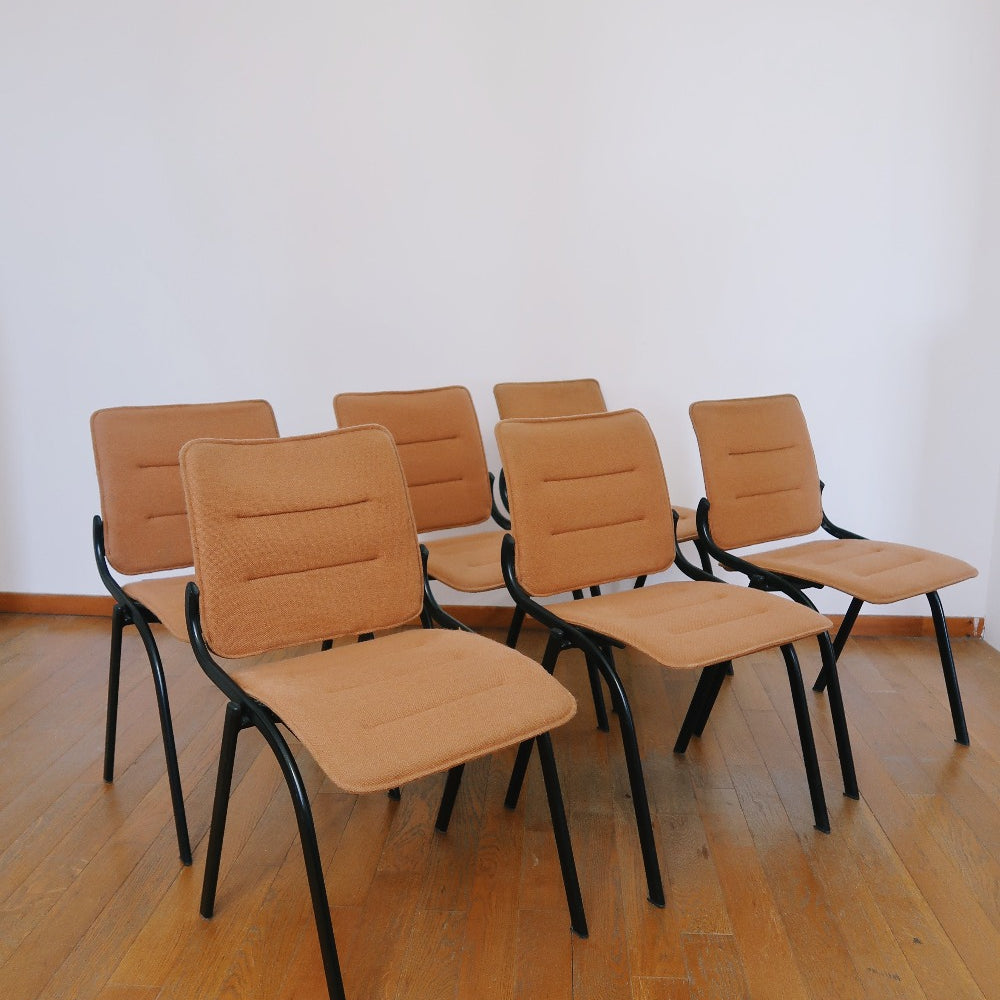 6 chaises empilable bureau comforto made in italy années 80 90 ancien chrome moderniste tissu laine marron vintage