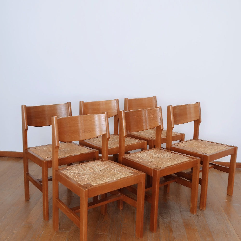 6 chaises paillées paillage vintage bois brutaliste charlotte perriand roche bobois luigi gorgoni années 80 maison regain