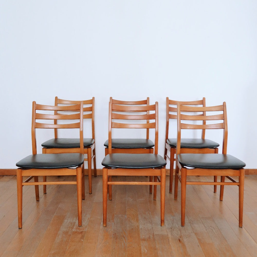 6 chaises scandinave danois vintage hêtre teck skaï noir