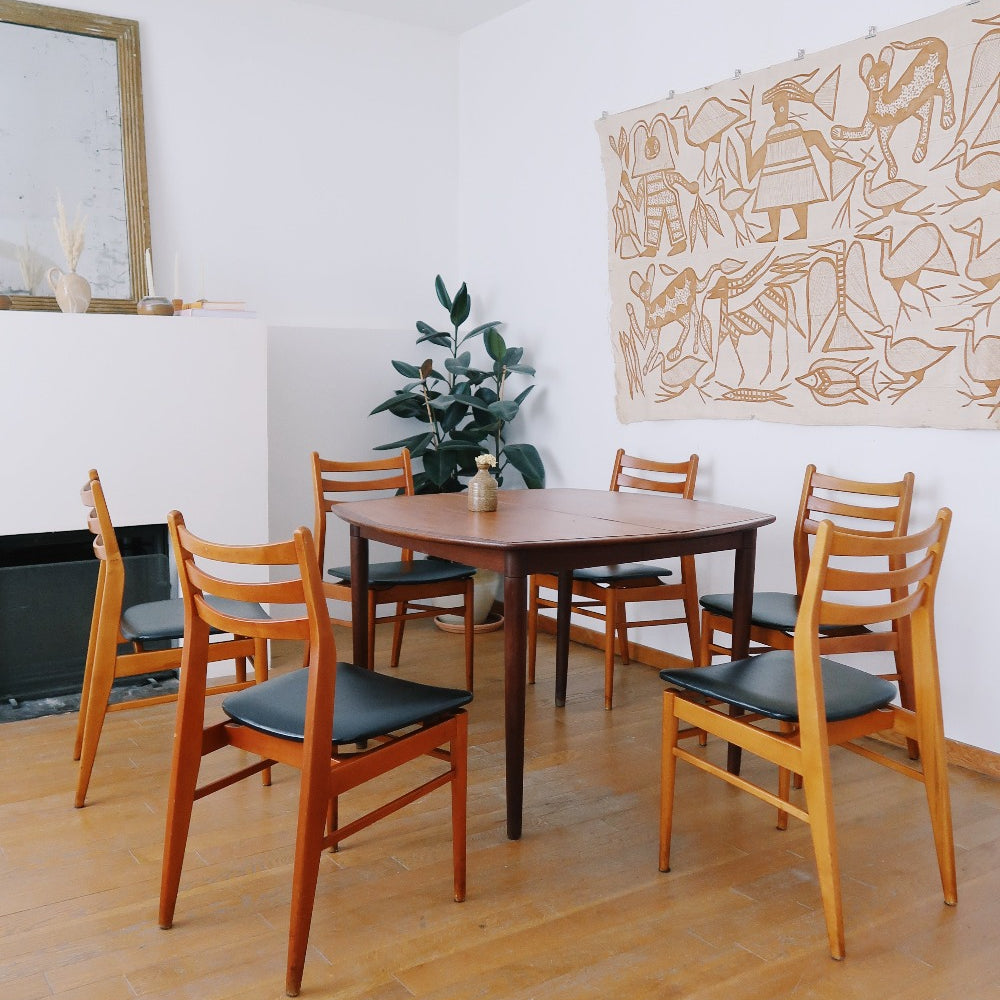 6 chaises scandinave danois vintage hêtre teck skaï noir