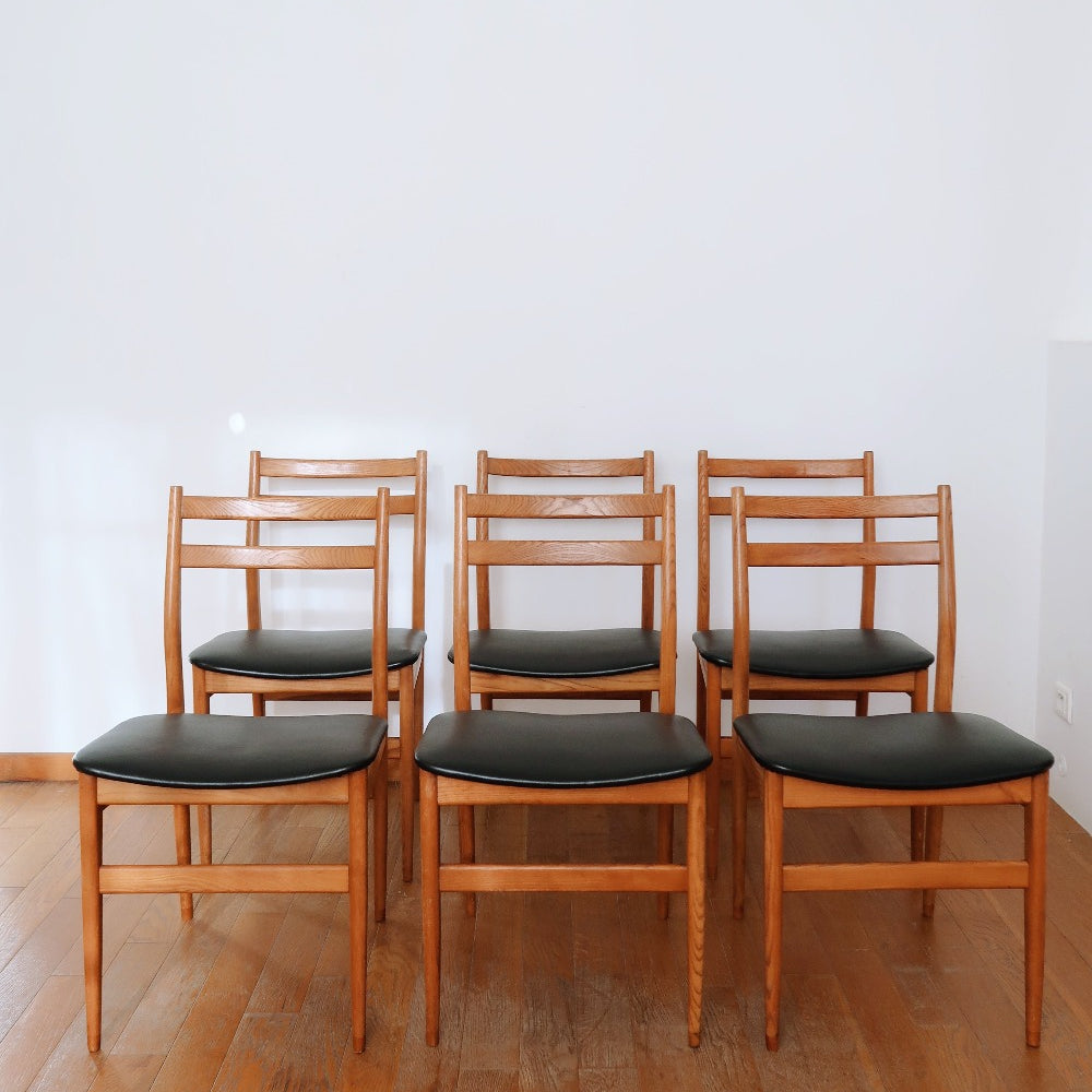 6 chaises skaï noir bois clair hêtre scandinave pieds compas danois vintage