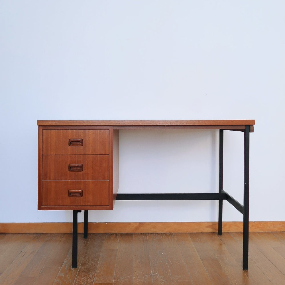 bureau 3 tiroirs télétravail vintage scandinave danois pieds pietement acier noir bois teck
