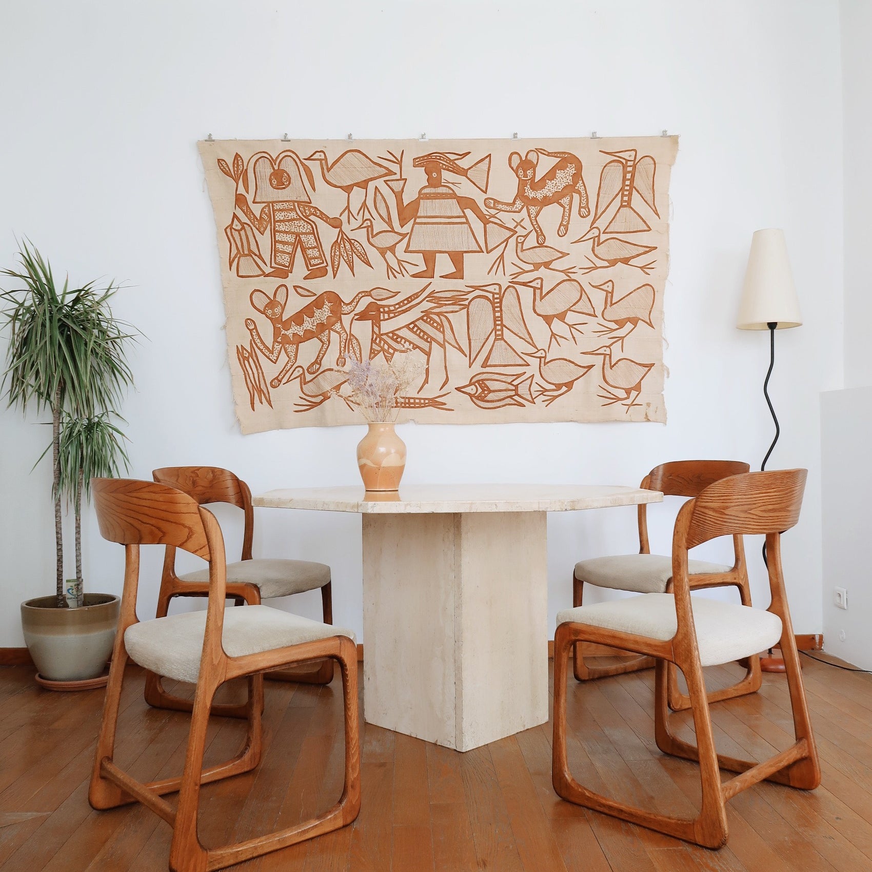chaise traineau vintage baumann teck palissandre tissu beige bois scandinave danois brocante