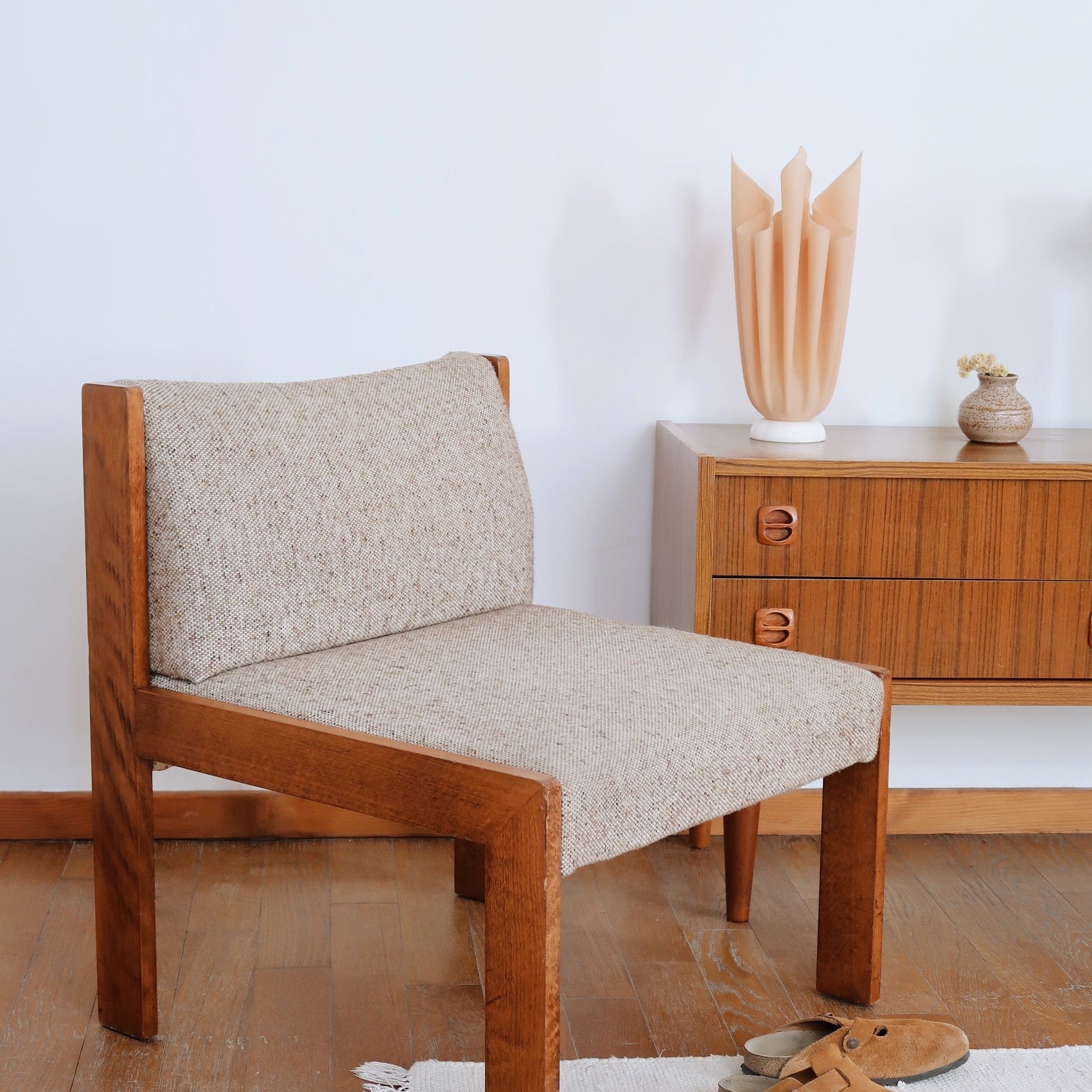 chauffeuse vintage teck tweed tissu scandinave danois années 70 fauteuil