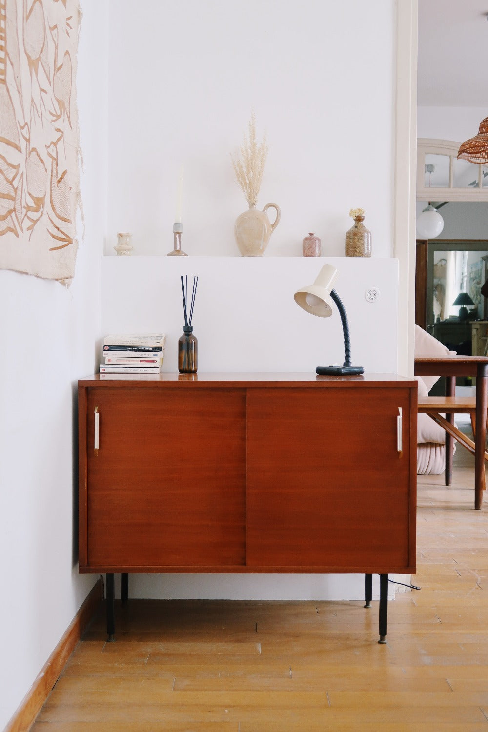 commode meuble tv bois teck enfilade vintage danois pieds metallique vinyl