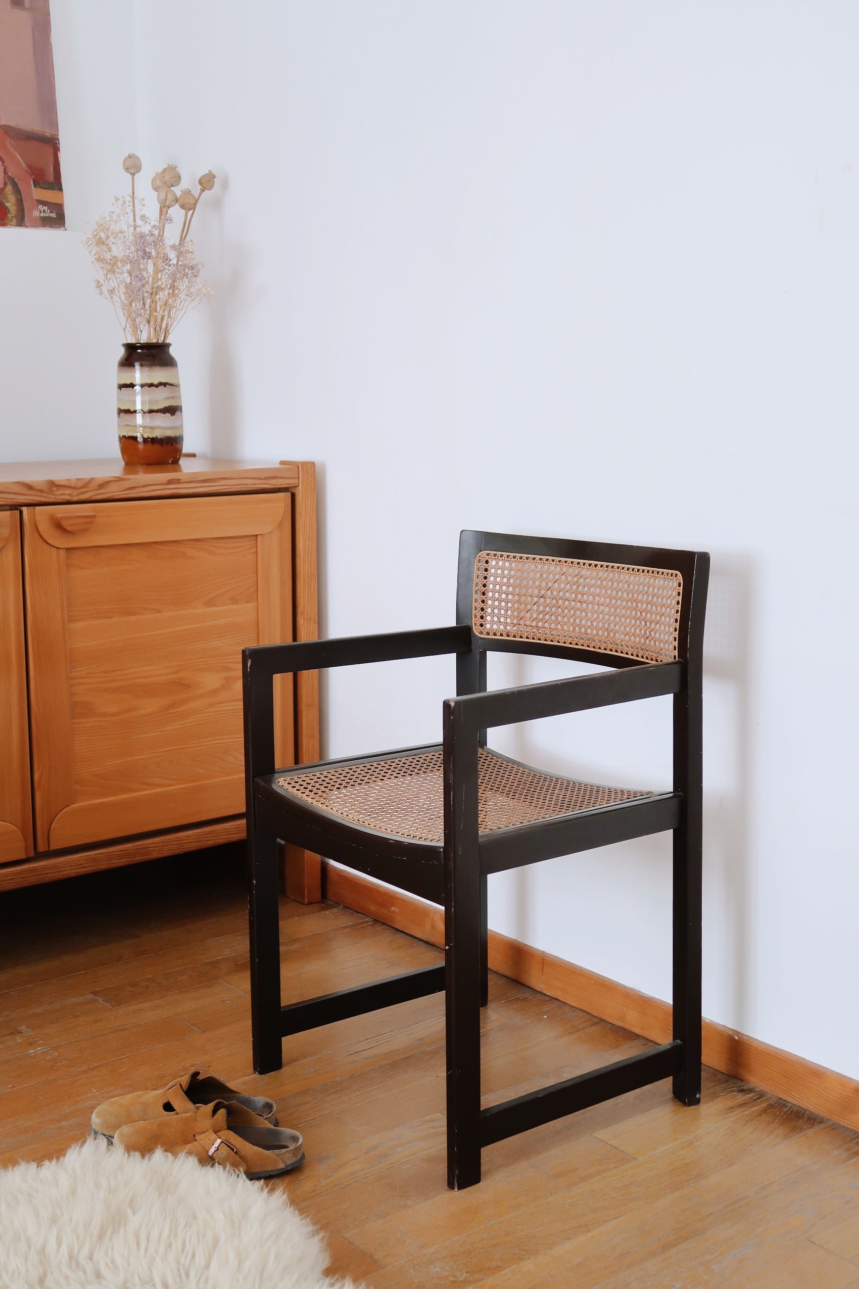 fauteuil chaise bureau traineau baumann cannage canné vintage scandinave bois bicolore 70