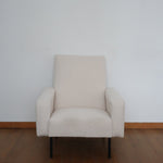 fauteuil scandinave danois chauffeuse vintage laine bouclette blanc pied métallique noir 
