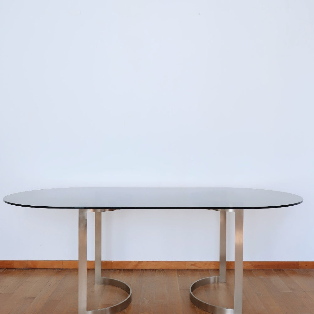 grande table ovale ronde verre fumé acier brossé boris tabacoff années 70 vintage moderniste