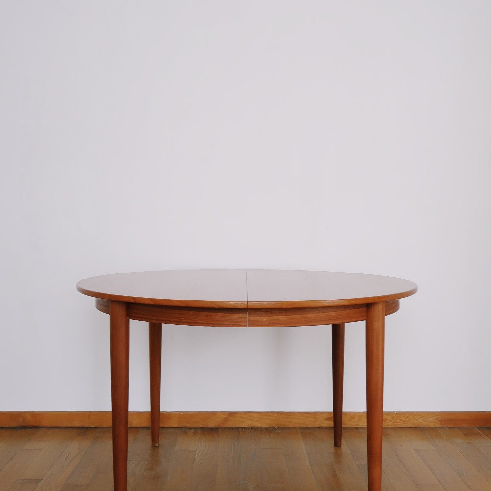 grande table ronde ovale extensible rallonges vintage scandinave danois pieds compas teck fuselé