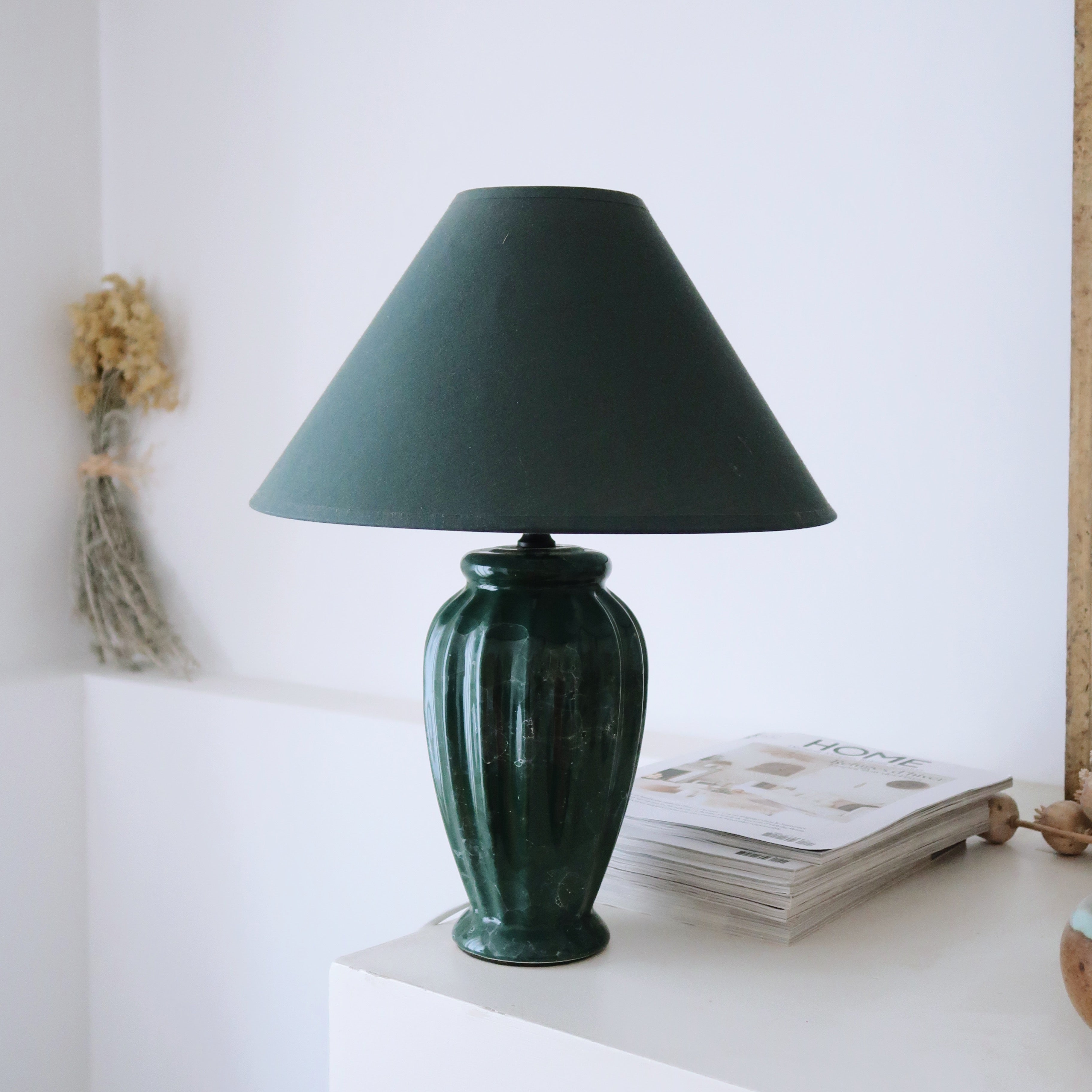 lampe à poser céramique marbre vert vintage abat jour tissu